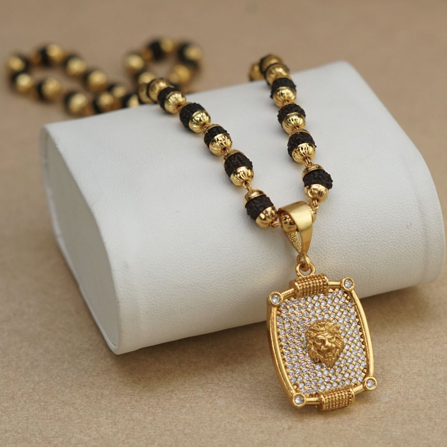 LION PREMIUM GOLD PLATED PENDANT WITH RUDRAKSHA MALA (MALA-23 INCH)