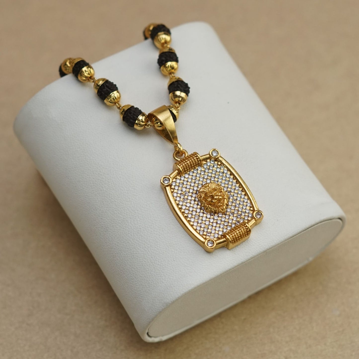 LION PREMIUM GOLD PLATED PENDANT WITH RUDRAKSHA MALA (MALA-23 INCH)