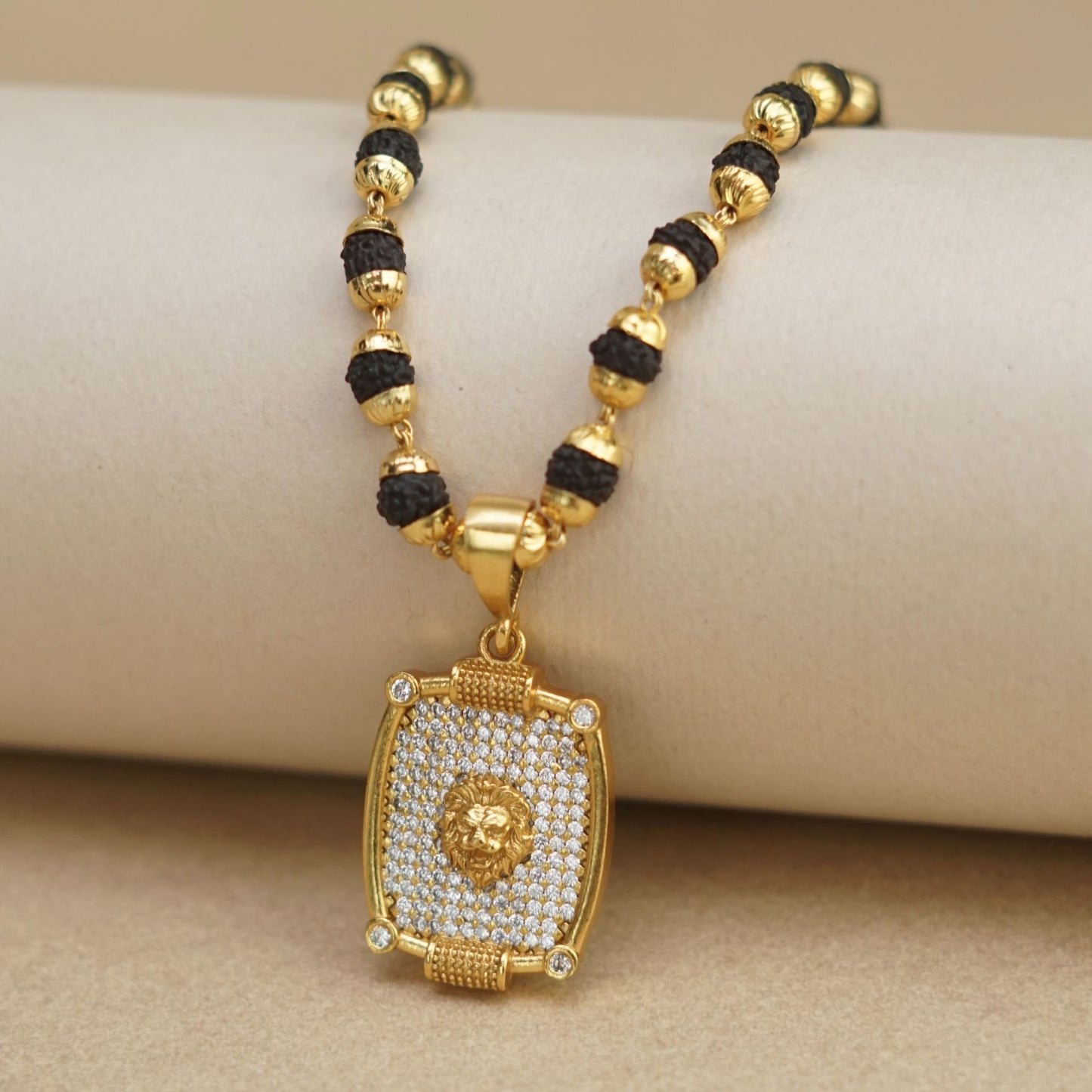 LION PREMIUM GOLD PLATED PENDANT WITH RUDRAKSHA MALA (MALA-23 INCH)