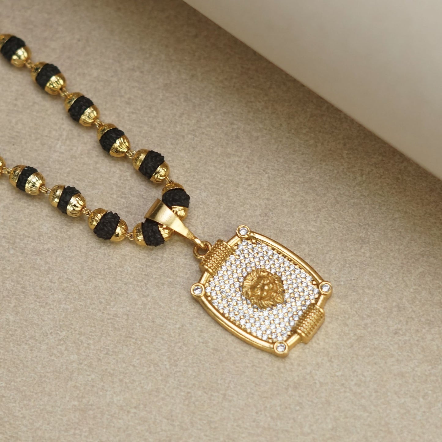 LION PREMIUM GOLD PLATED PENDANT WITH RUDRAKSHA MALA (MALA-23 INCH)