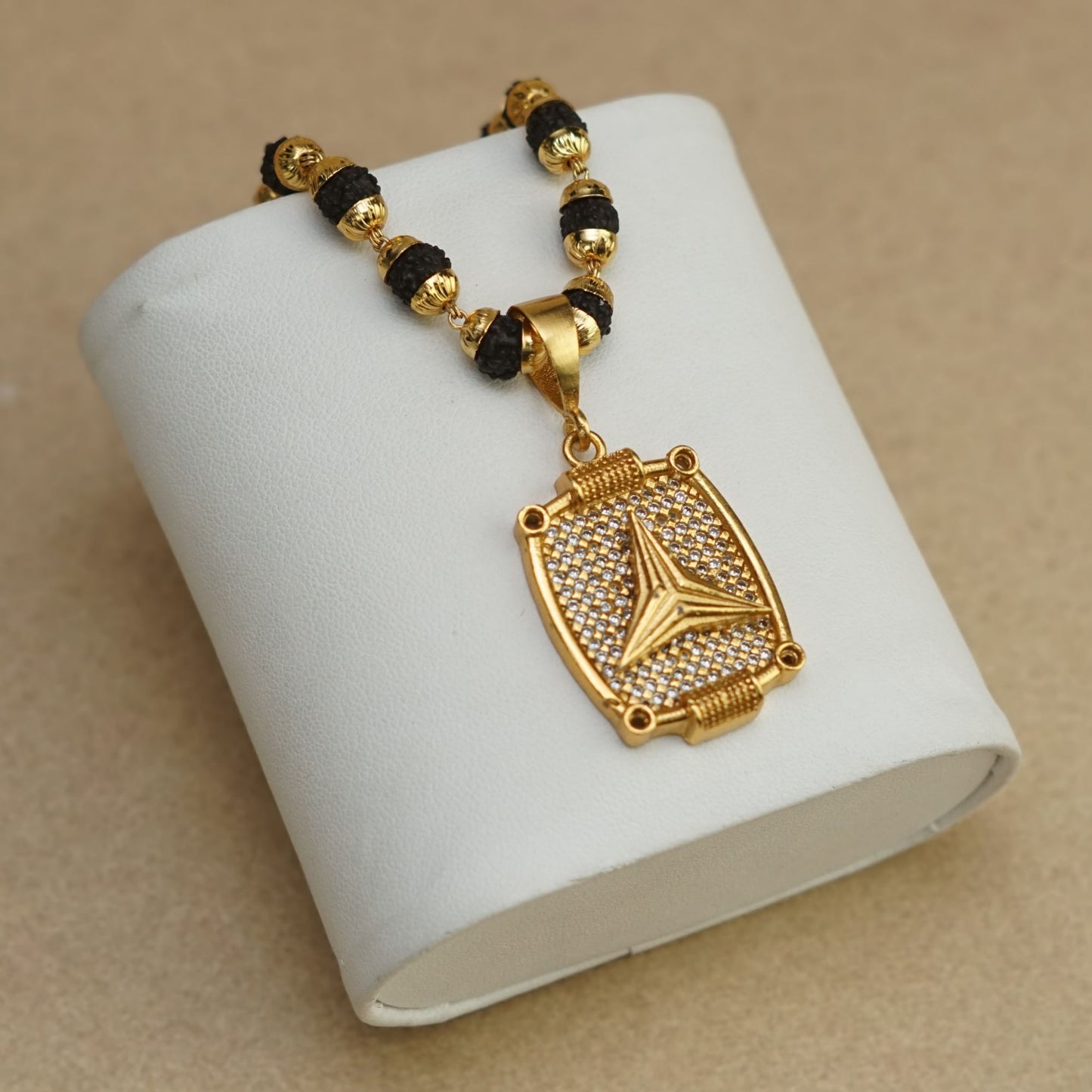 TRIANGLE PREMIUM GOLD PLATED PENDANT WITH RUDRAKSHA MALA (MALA-23 INCH)