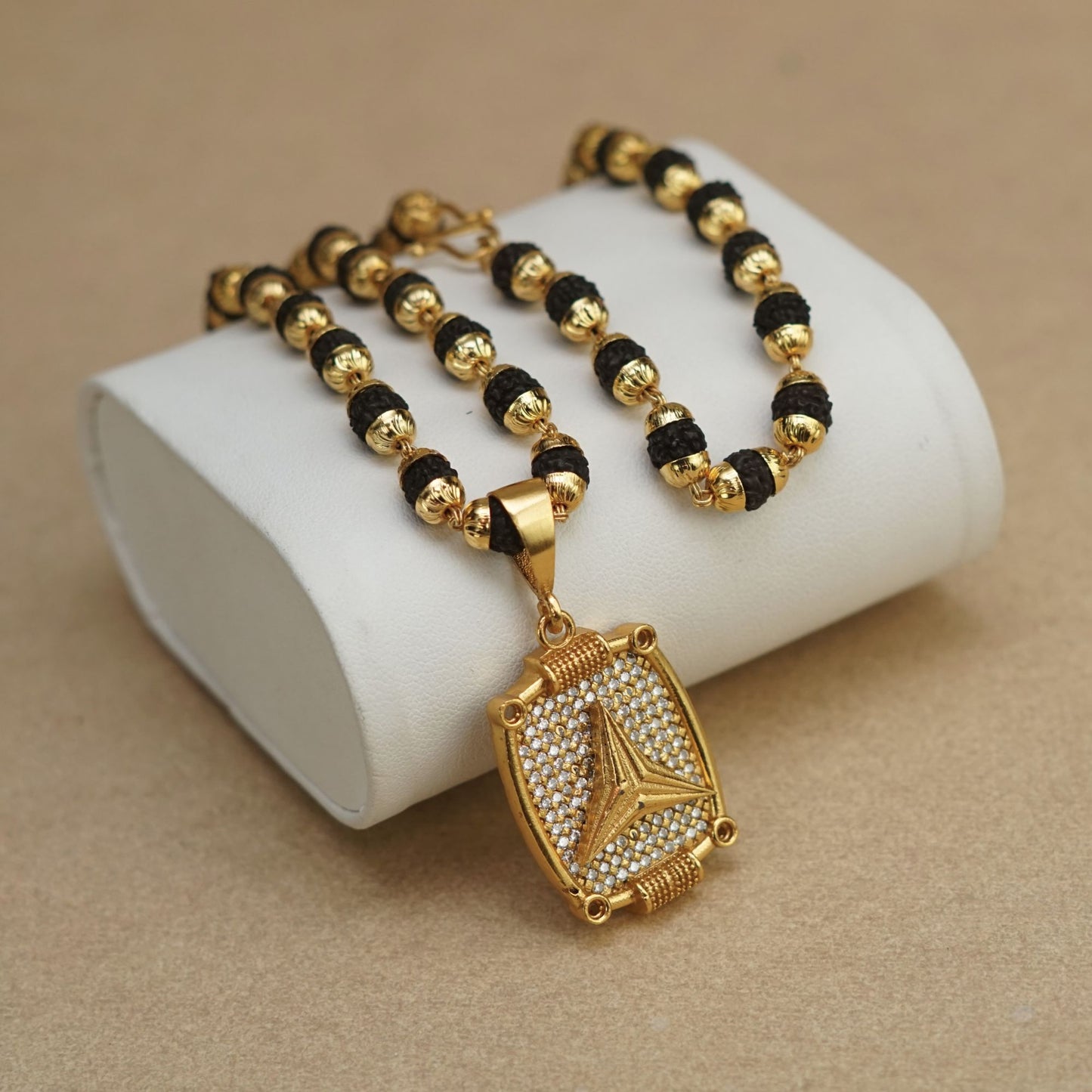TRIANGLE PREMIUM GOLD PLATED PENDANT WITH RUDRAKSHA MALA (MALA-23 INCH)