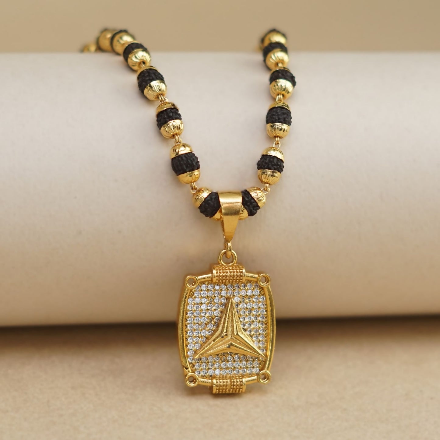 TRIANGLE PREMIUM GOLD PLATED PENDANT WITH RUDRAKSHA MALA (MALA-23 INCH)