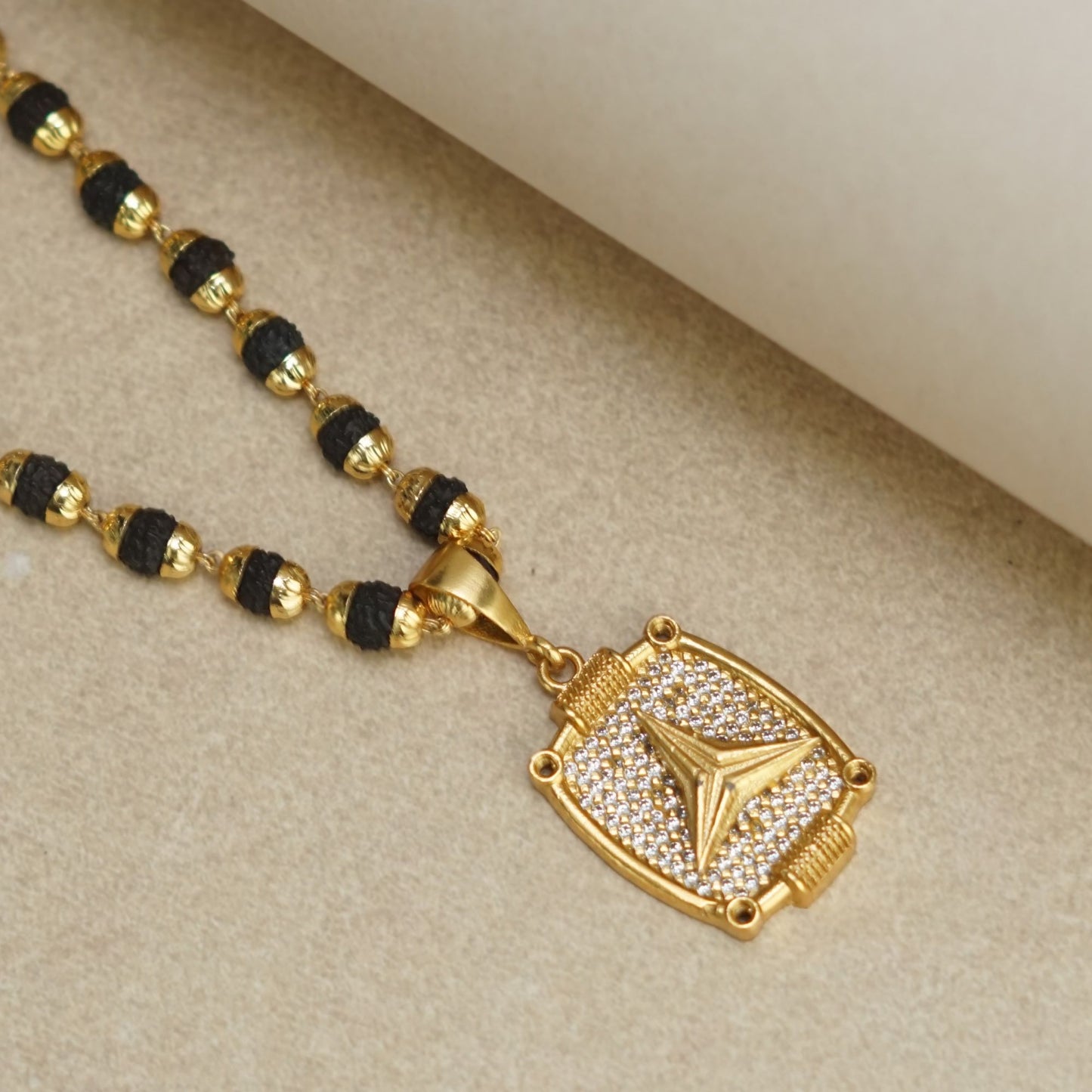 TRIANGLE PREMIUM GOLD PLATED PENDANT WITH RUDRAKSHA MALA (MALA-23 INCH)