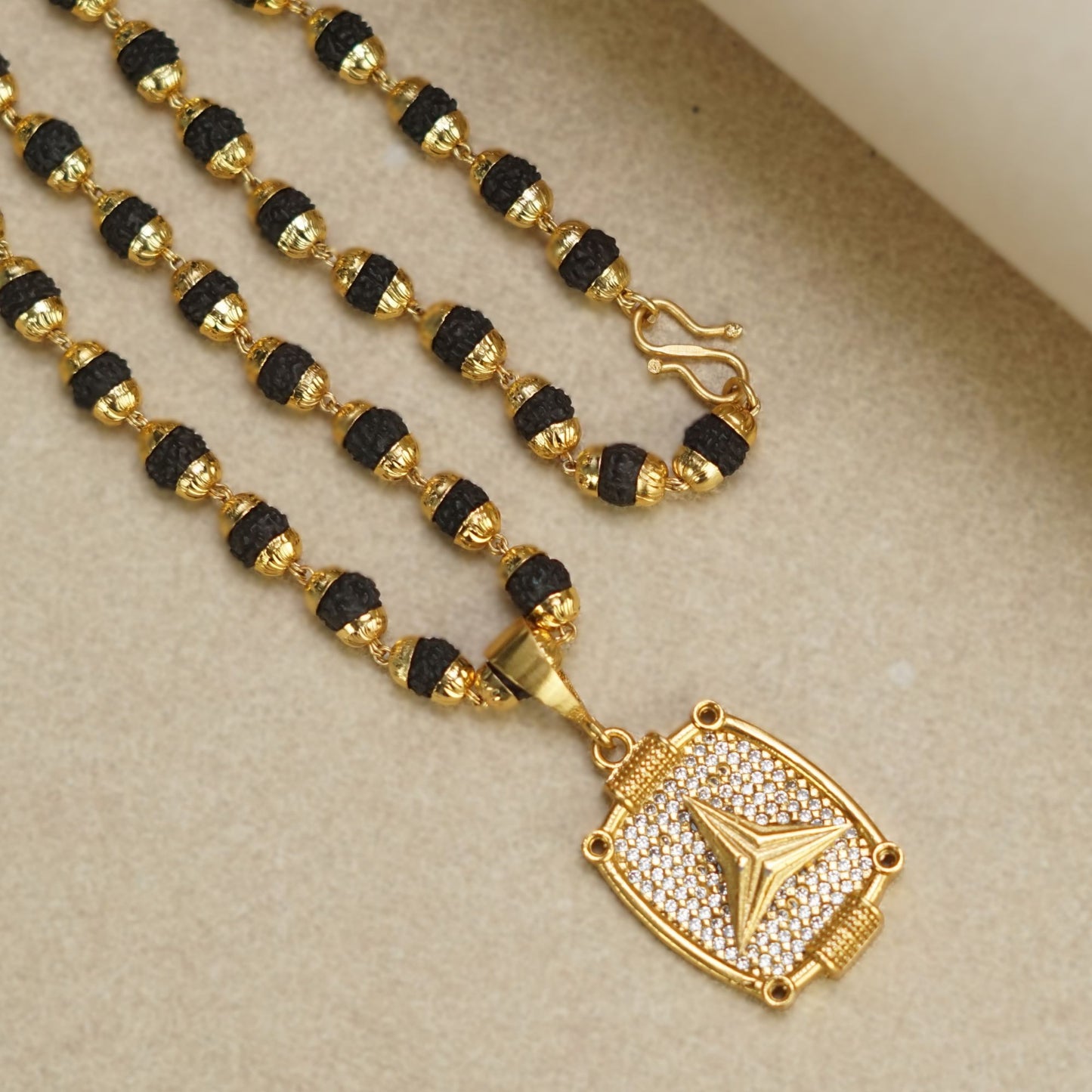 TRIANGLE PREMIUM GOLD PLATED PENDANT WITH RUDRAKSHA MALA (MALA-23 INCH)