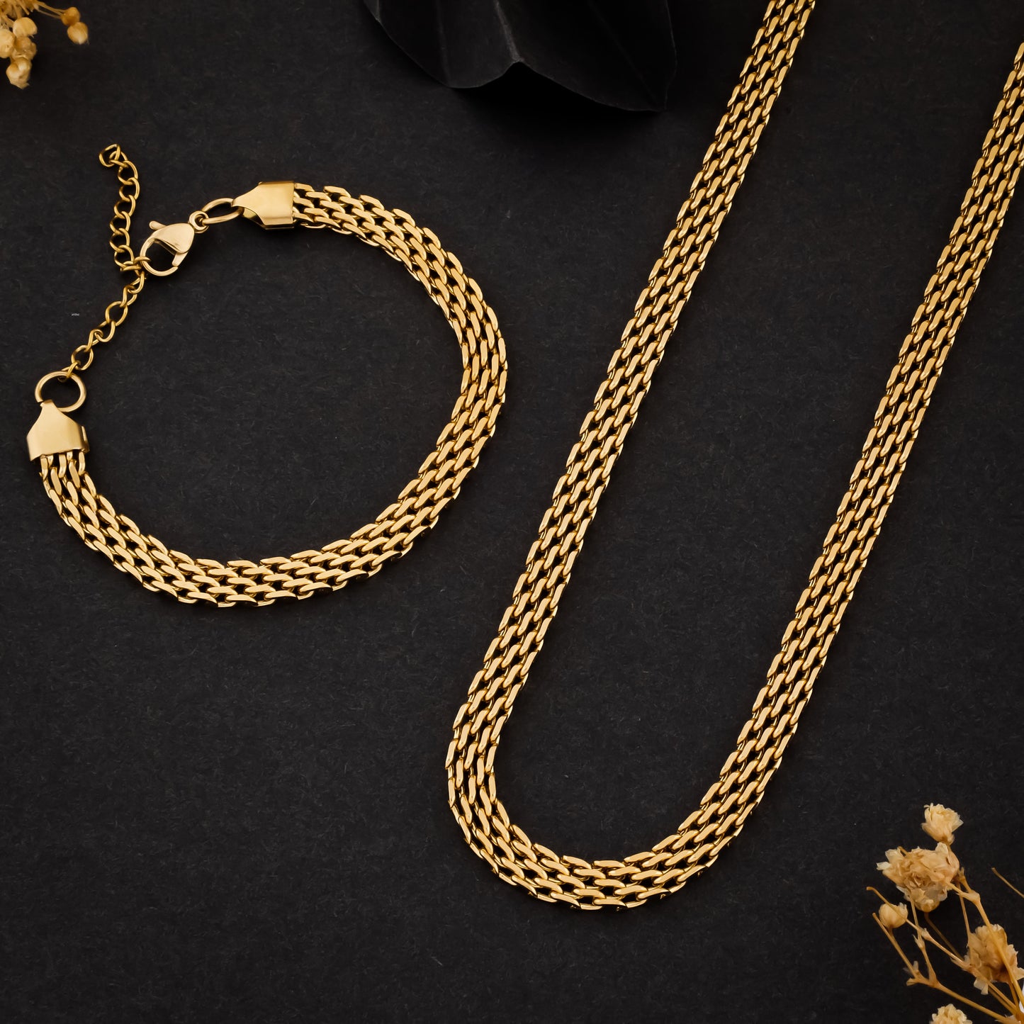 GodFather Unisex Solid Gold Men's Chain Necklace & Bracelet Combo
