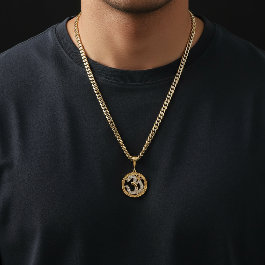 Round Om Men’s Attractive Gold Chain Pendant (Chain-24 Inch)