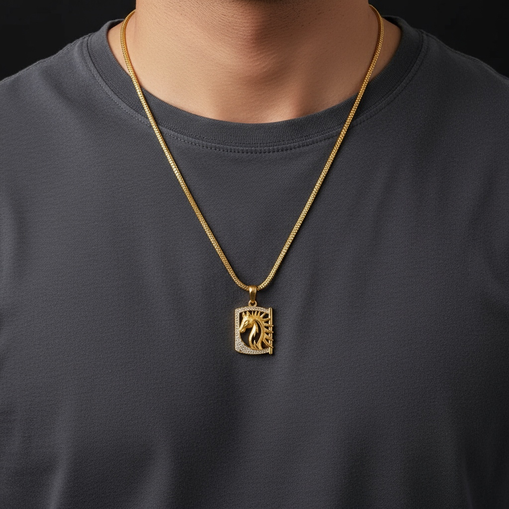 Stallion Men’s Classic Gold Pendant With Chain (Chain-24 Inch)