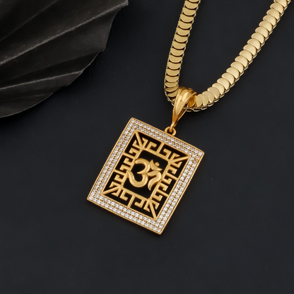 Om Square Men’s Attractive Gold Chain Pendant (Chain-24 Inch)