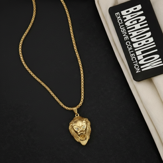 Lion Head Men’s Premium Gold Chain Pendant (Chain-24 Inch)
