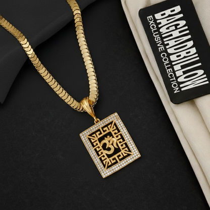 Om Square Men’s Attractive Gold Chain Pendant (Chain-24 Inch)