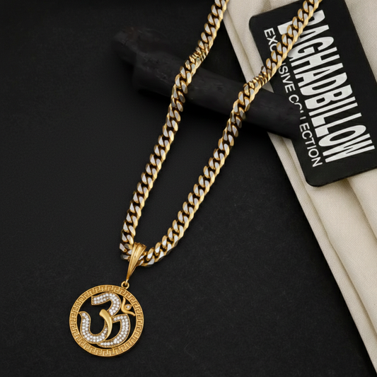 Round Om Men’s Attractive Gold Chain Pendant (Chain-24 Inch)