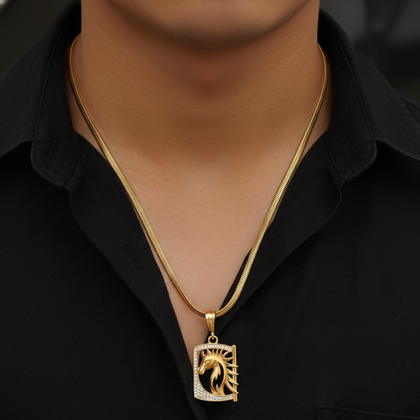 Stallion Men’s Classic Gold Pendant With Chain (Chain-24 Inch)