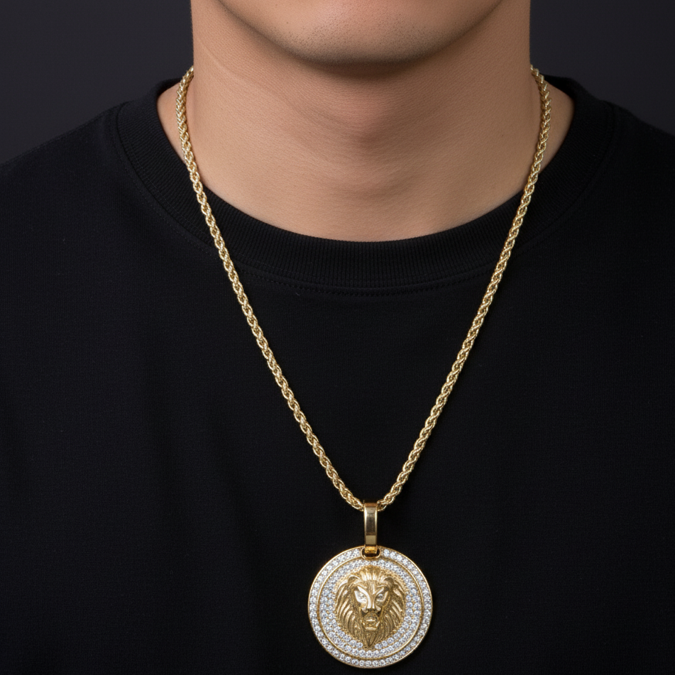 Lion Coin Men’s Luxury Gold Chain Pendant (Chain-24 Inch)