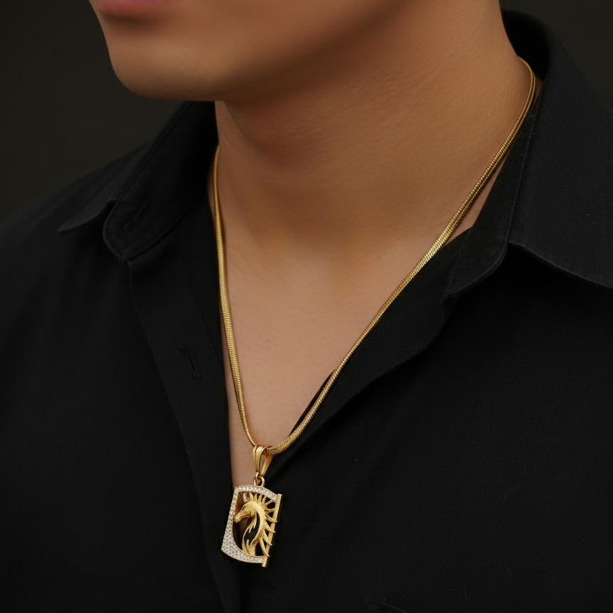Stallion Men’s Classic Gold Pendant With Chain (Chain-24 Inch)