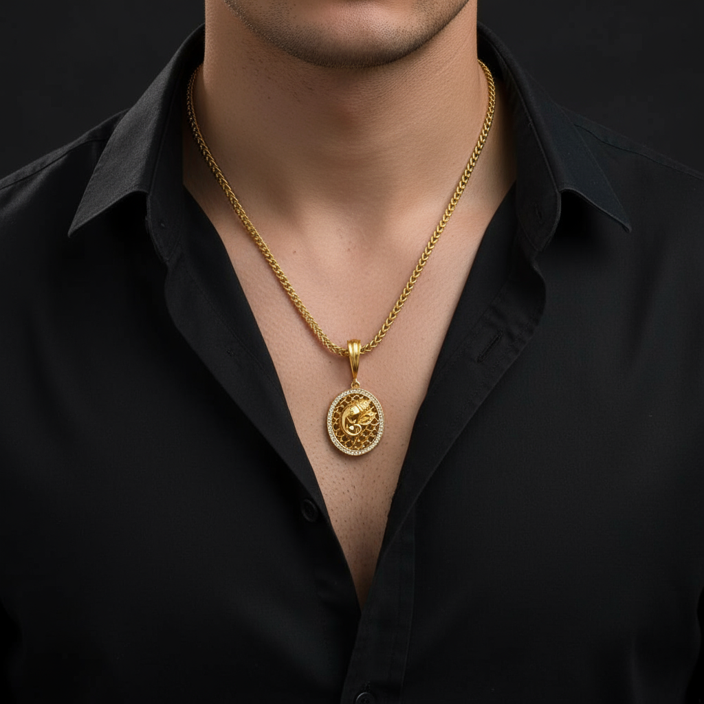 Ganapati Men’s Stylish Gold Pendant With Chain (Chain-24 Inch)