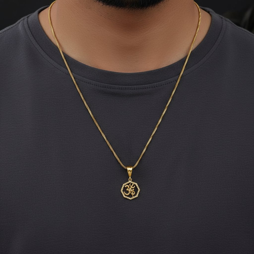 Om Trishul Men’s Premium Look Gold Chain Pendant (Chain-24 Inch)