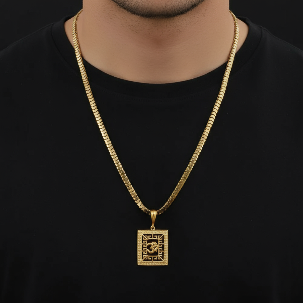 Om Square Men’s Attractive Gold Chain Pendant (Chain-24 Inch)