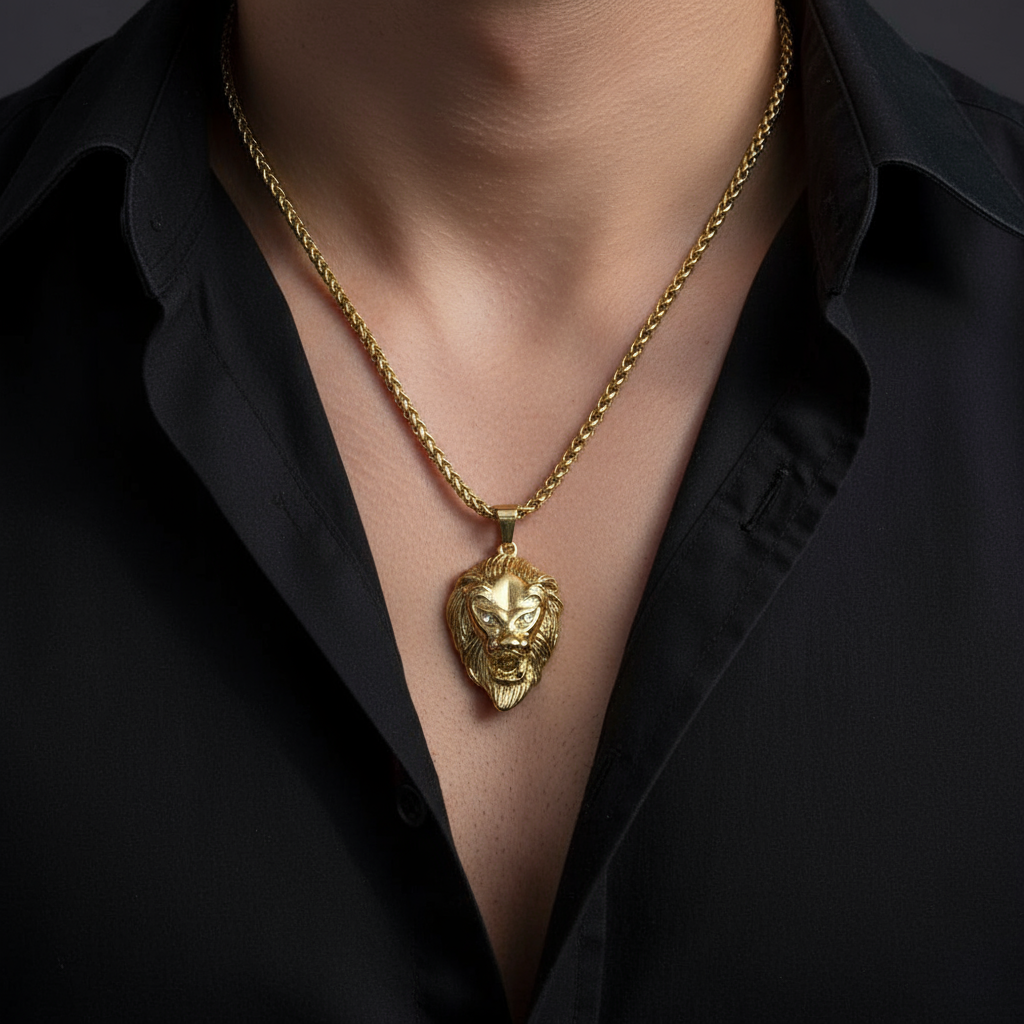 Lion Head Men’s Premium Gold Chain Pendant (Chain-24 Inch)