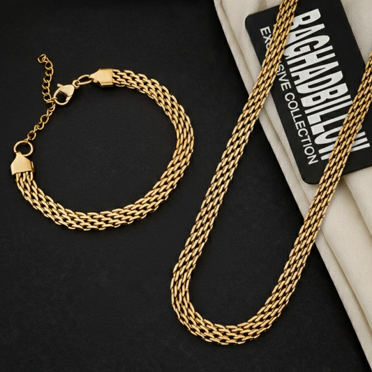 GodFather Unisex Solid Gold Men's Chain Necklace & Bracelet Combo