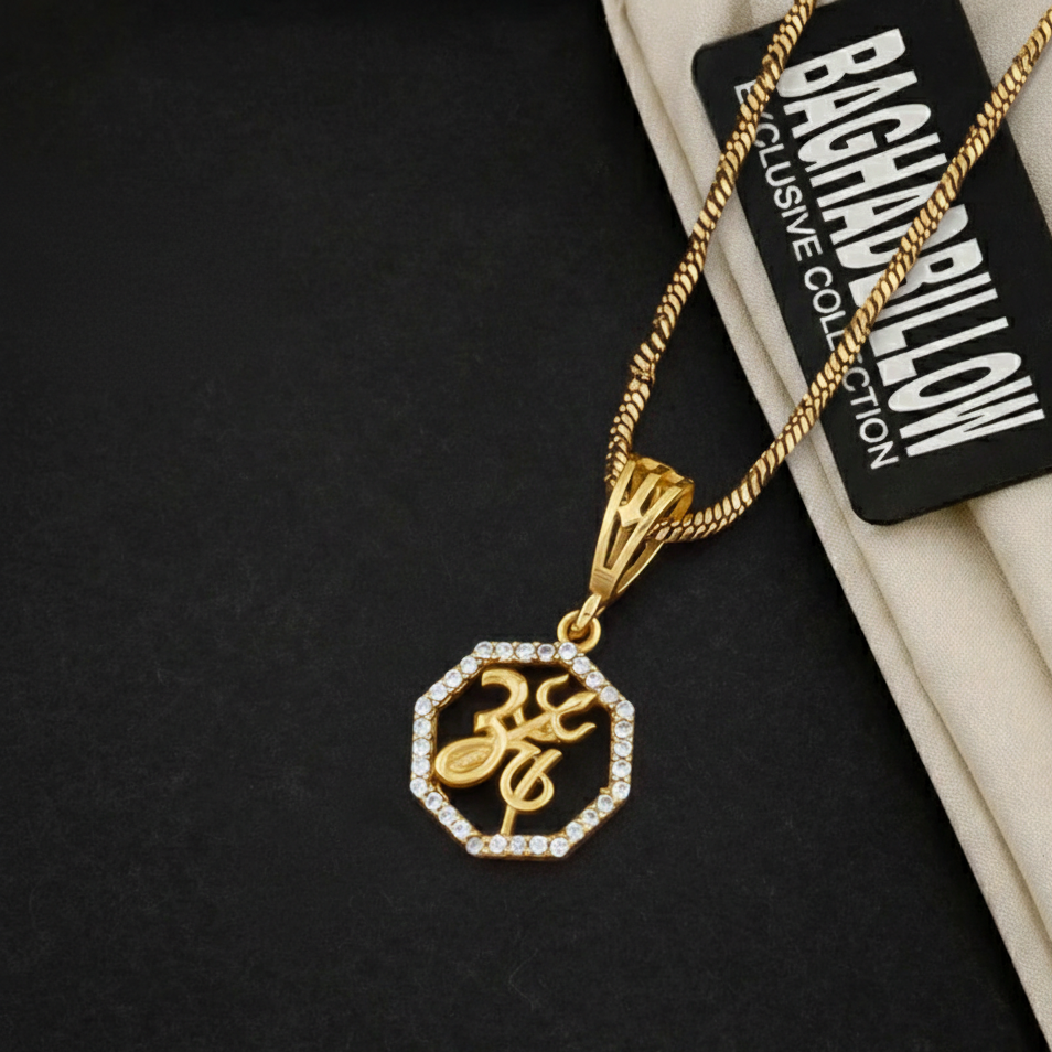 Om Trishul Men’s Premium Look Gold Chain Pendant (Chain-24 Inch)