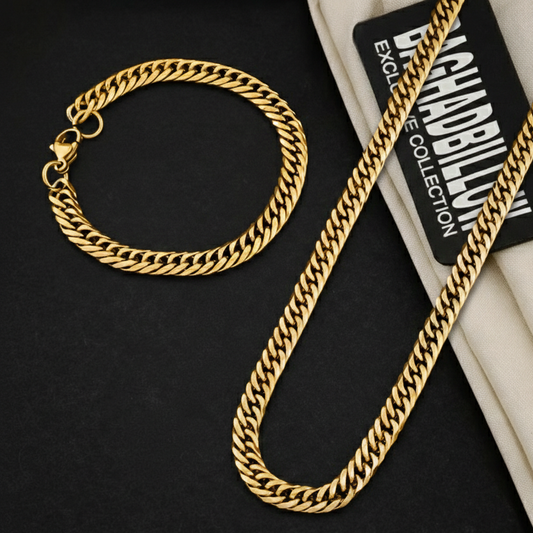Venom Unisex Solid Gold Cuban Men's Chain & Bracelet Combo (Chain-24 inches & Bracelet-7 inches / 7 mm)
