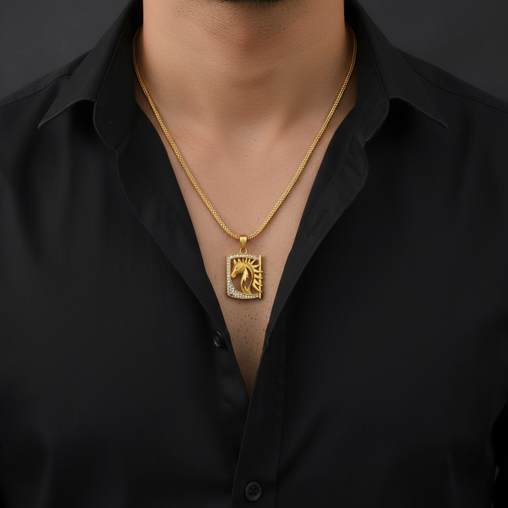 Stallion Men’s Classic Gold Pendant With Chain (Chain-24 Inch)