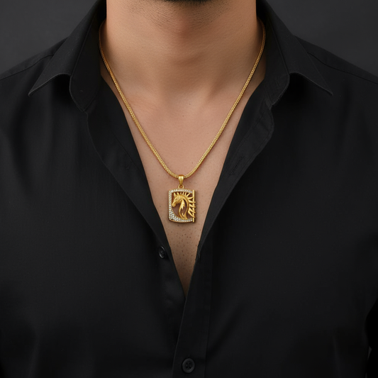 Stallion Men’s Classic Gold Pendant With Chain (Chain-24 Inch)