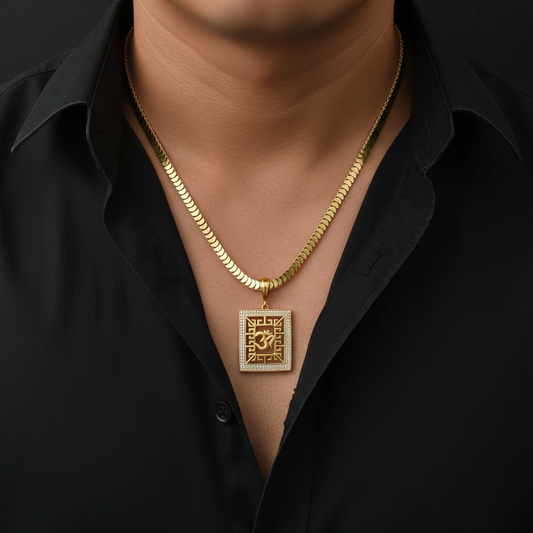 Om Square Men’s Attractive Gold Chain Pendant (Chain-24 Inch)
