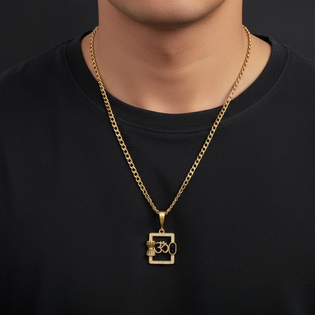 Om Rudraksha Men’s Stylish Gold Pendant With Chain (Chain-24 Inch)